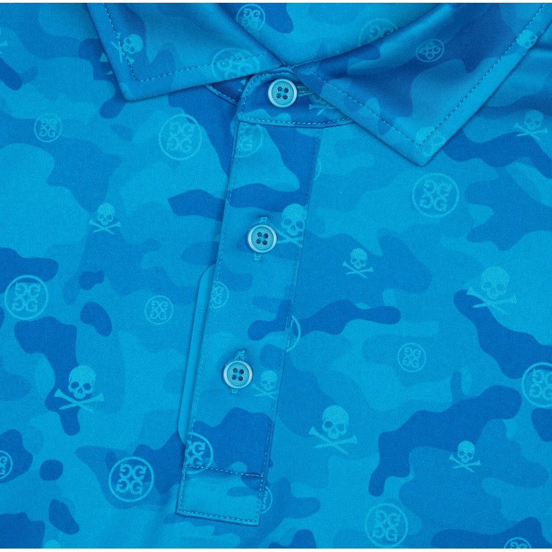 Blue shirt with skull and crossbones pattern on a blue background
