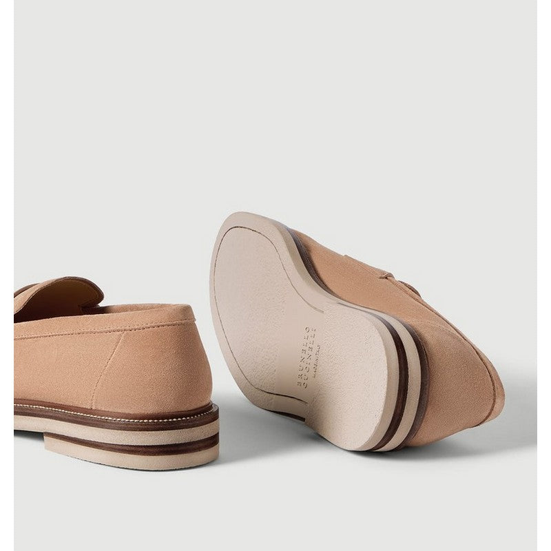 A pair of tan suede loafers shown from the side and bottom angles on a light gray background. The brand name 'GREAT VALLANCE' is debossed on the sole.