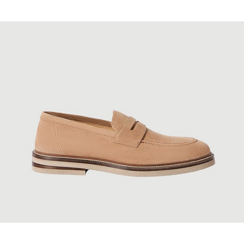 A single tan suede penny loafer shown in a side profile view against a light gray background.