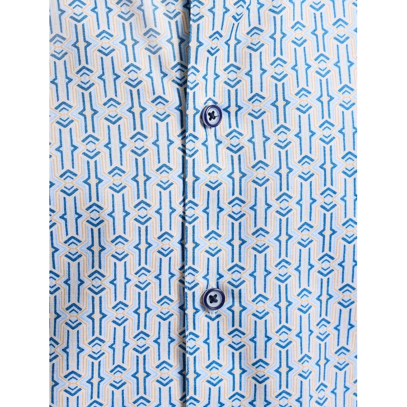 Blue and white patterned shirt with buttons on a white background